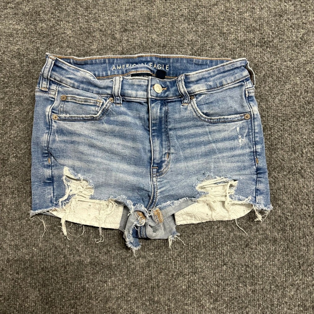 American Eagle Shorts Womens Size 8 Blue Distressed Viscose Lace Frayed Denim